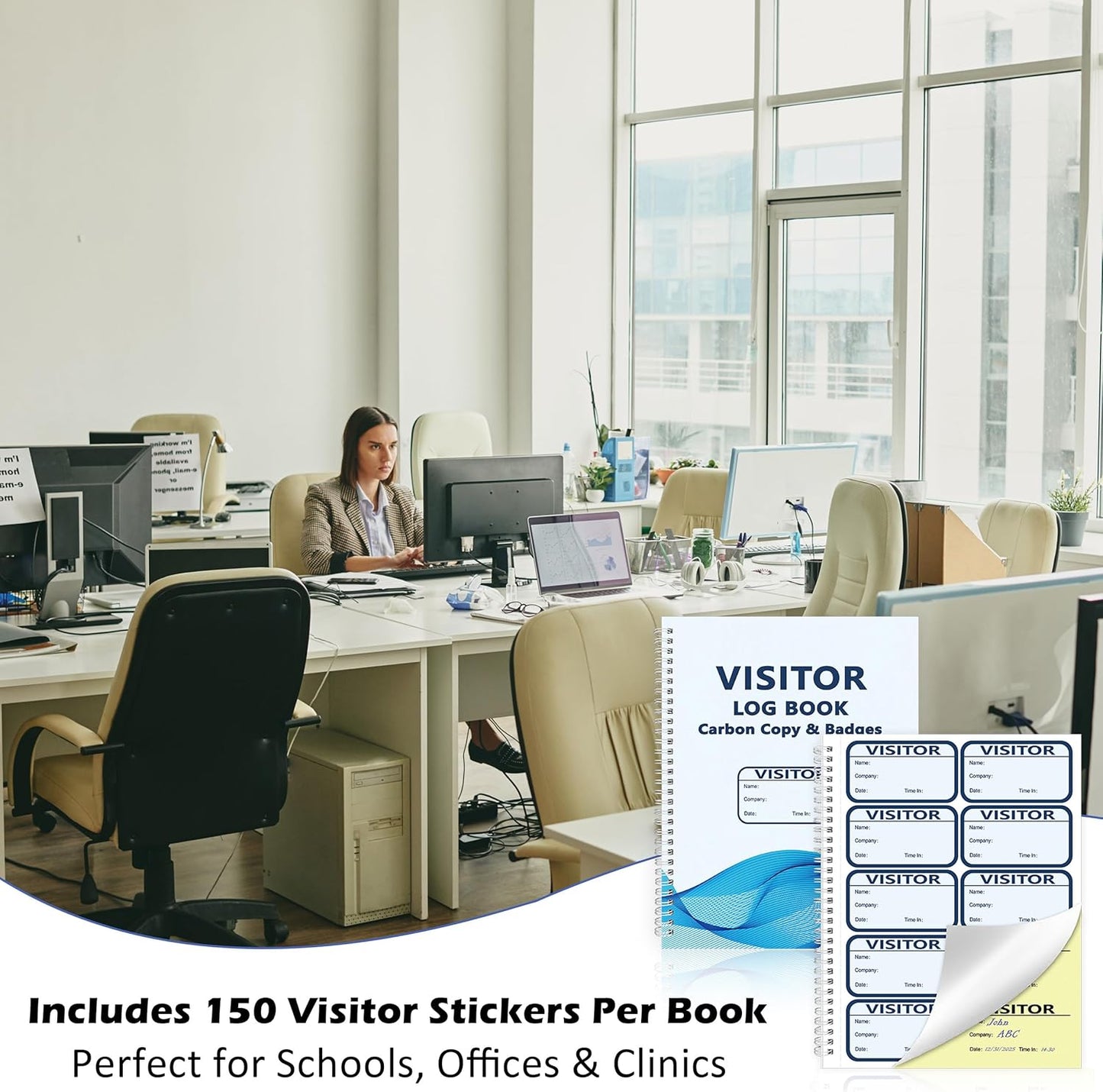 3 Pack of 450 Visitor Badges Registry Log with Carbon Copy Visitor Stickers Letter Size Visitor Log Book Extras Protecting Privacy Pages Spiral-Bound Self Visitor Badges Guest Register Book(3)