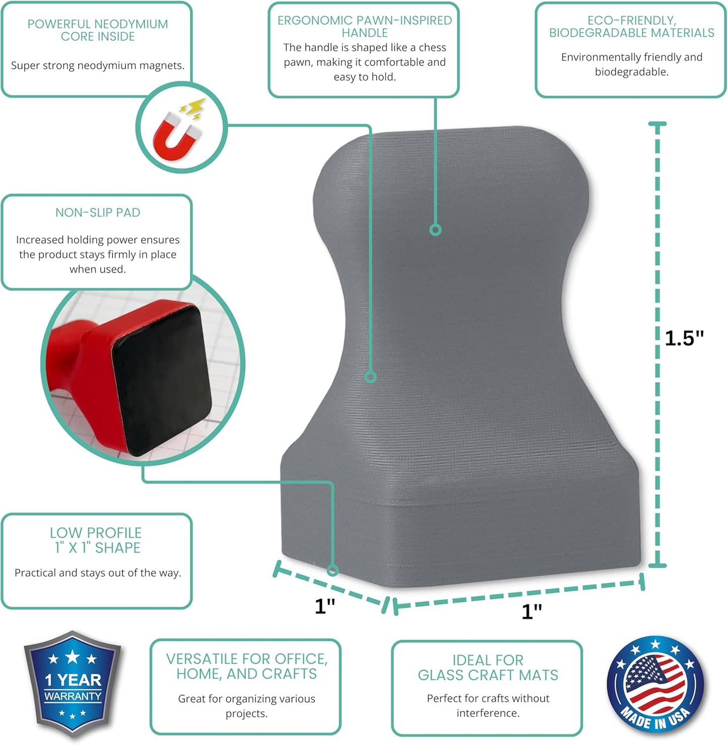 Glassboard Studio MiniPawn Magnet - Strong Neodymium Rare Earth Magnets for Fridge, Whiteboard, Locker & Magnetic Glassboards - Ideal for Crafting & Office Use - Strong Fridge Magnets (Steel Gray, 4)