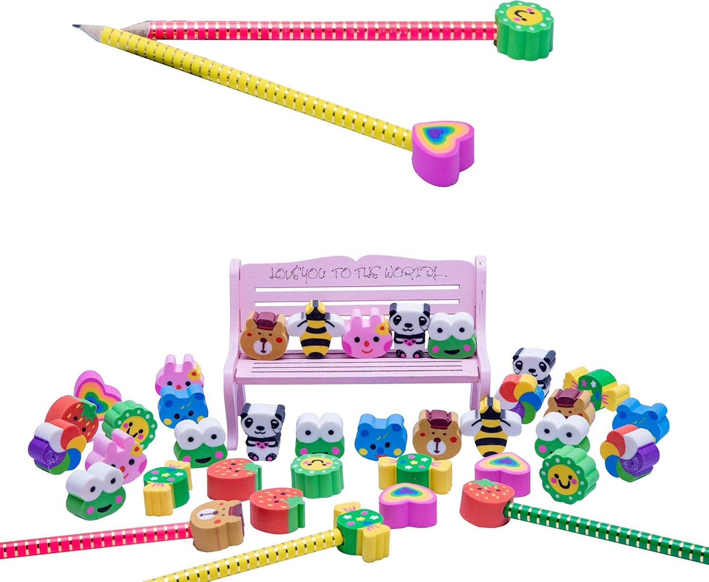 XANADU 35 PCS Pencil Top Erasers, Animal Pencil Erasers Toppers, Cute Heart Cap Erasers for Kids Back to School, Classroom Prize