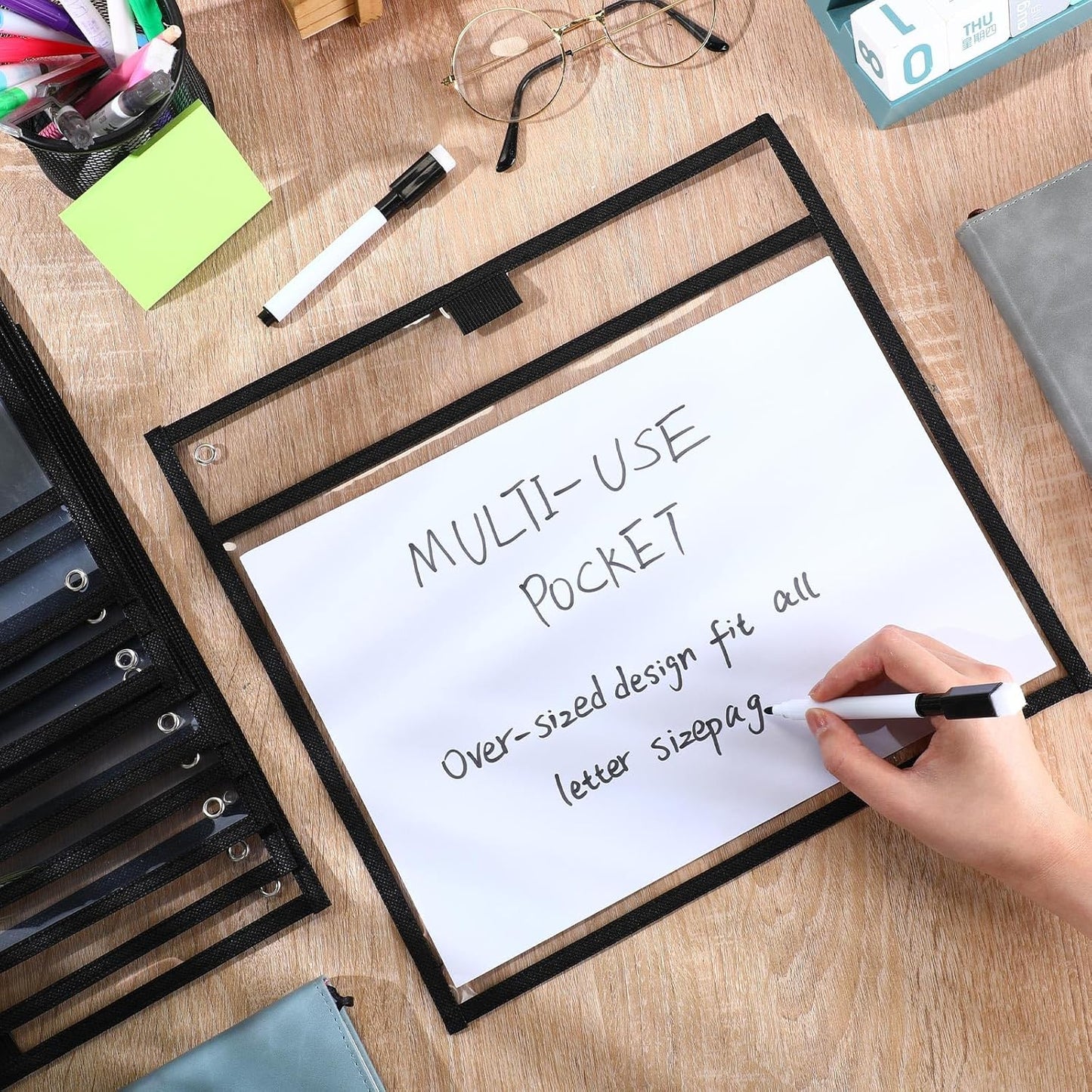 Teling 150 Pcs Dry Erase Pockets Bulk Reusable Job Ticket Holders Clear Plastic Sleeve Protector Work Order Sleeve Shop Ticket Holder for Welcome Teacher Back Office Supplies(11.5 x 12.5'',Black)