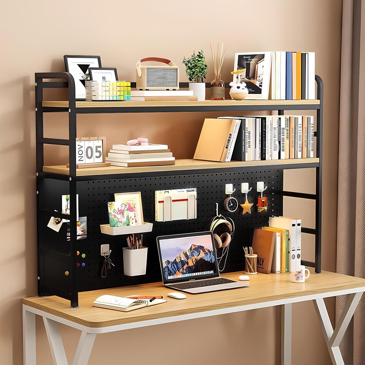 Desk Hutch Shelf Dorm 2 Tier Countertop Desktop Bookshelf With Pegboard,metal /MDF Desk Top Bookcase for Computer desk, Desk Storage Organizer Rack for Office Home Dormitory (black, 110cm/43.3in)