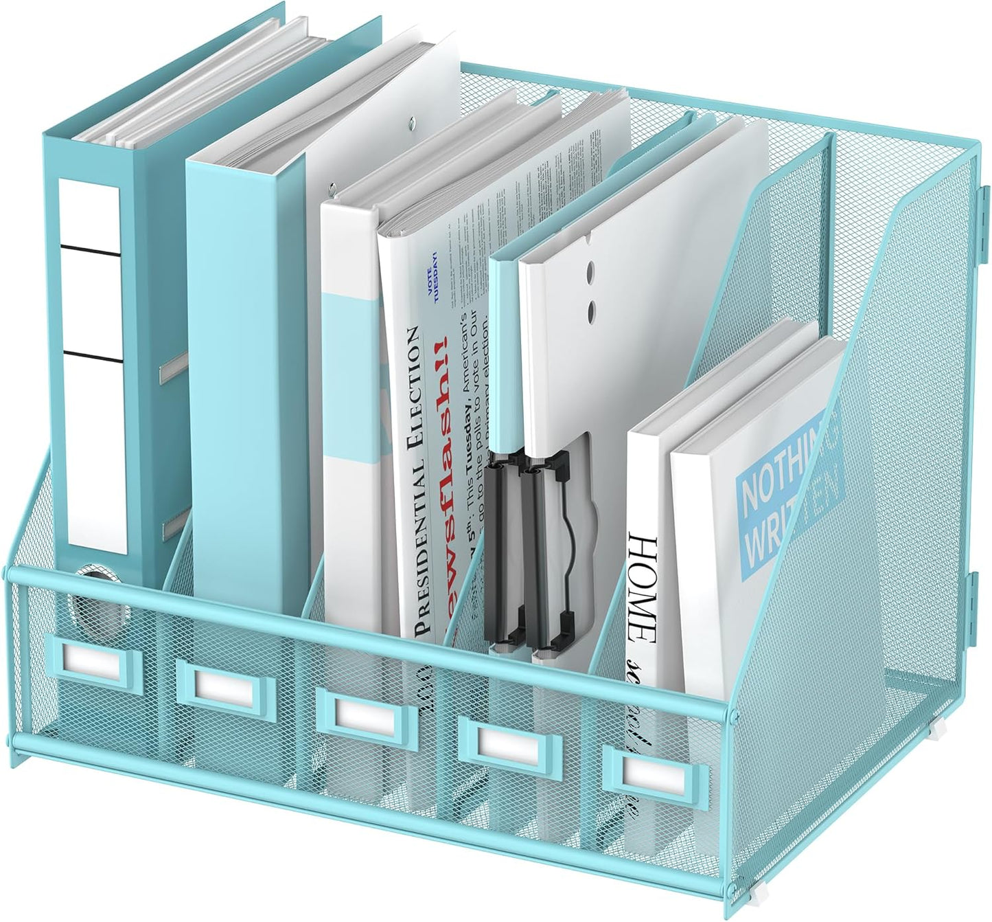SUPEASY Desk Organizers Metal Desk Magazine File Holder with 5 Vertical Compartments Rack File Organizer for Office Desktop, Home Workspace, Blue Plus