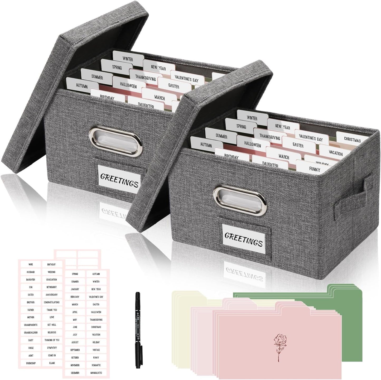 Greeting Card Storage Box, Linen Storage Box with 32 Adjustable Dividers, 168 Labels, 2 Marker Pen, Perfect for Organizing Greeting Cards, Envelopes, Photos 2 Pack Grey