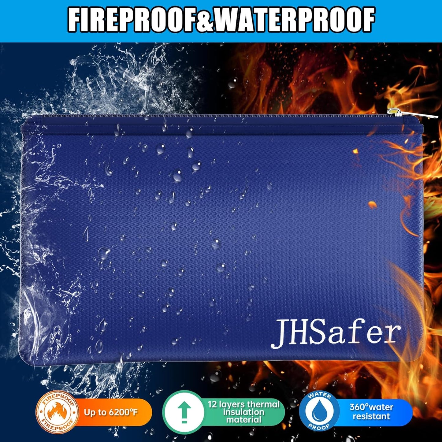 6400℉ Fireproof and Waterproof Money Bags 2pcs with Zipper,11''x6.3'' Fireproof Cash Bag with Zipper,Fireproof Wallet Envelope Safe Pouch Fireproof Bags for Cash Passports Keys Jewellery (Blue)