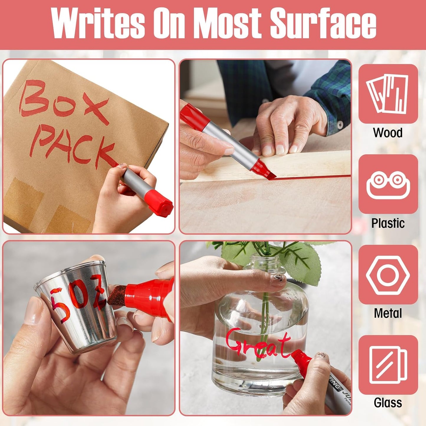 Fuutreo 10 Pack Jumbo Permanent Markers Bulk Large Chisel Tip Permanent Markers Quick Drying Waterproof Big Huge Poster Pens for Office, Logistics Company and More(Red)