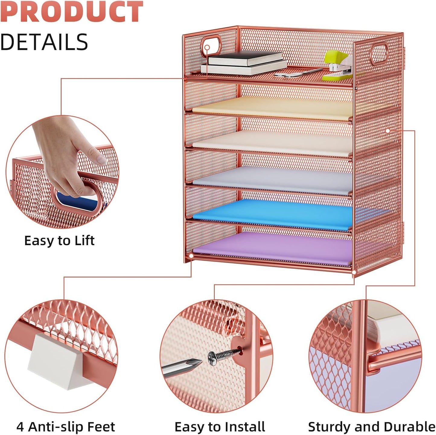 Marbrasse 6 Tier Paper Organizer Letter Tray - Mesh Desk File Organizer with Handle, Paper Sorter Organizer for Letter/A4 Office File Folder Holder - Rose Gold