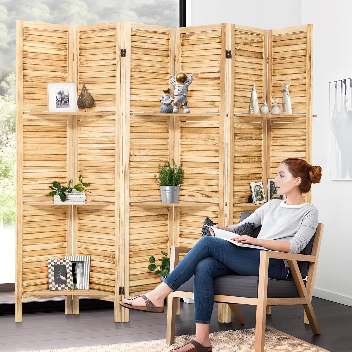 Room Divider with Shelves, 5.6FT Folding Room Divider Panel, 6 Panel Wood Partition Wall Divider for Room Separation, Natural Wood