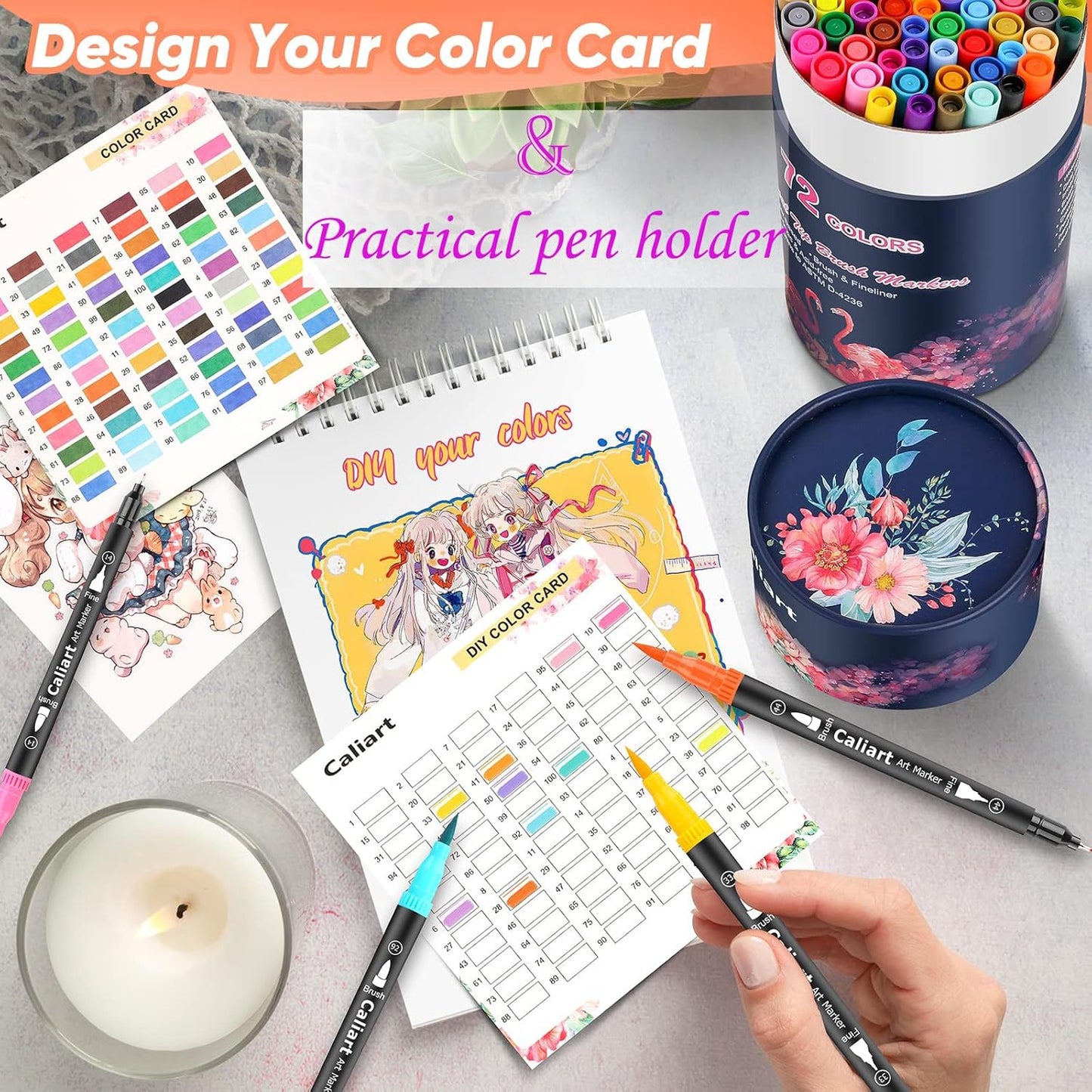 Caliart 72 Colors Dual Tip Art Markers for Adult Coloring - Aesthetic Cute Preppy Stuff School Supplies, Pens With Fine and Brush Tips for Lettering Cards Drawing Kids Artist Mothers Day Gift for Mom