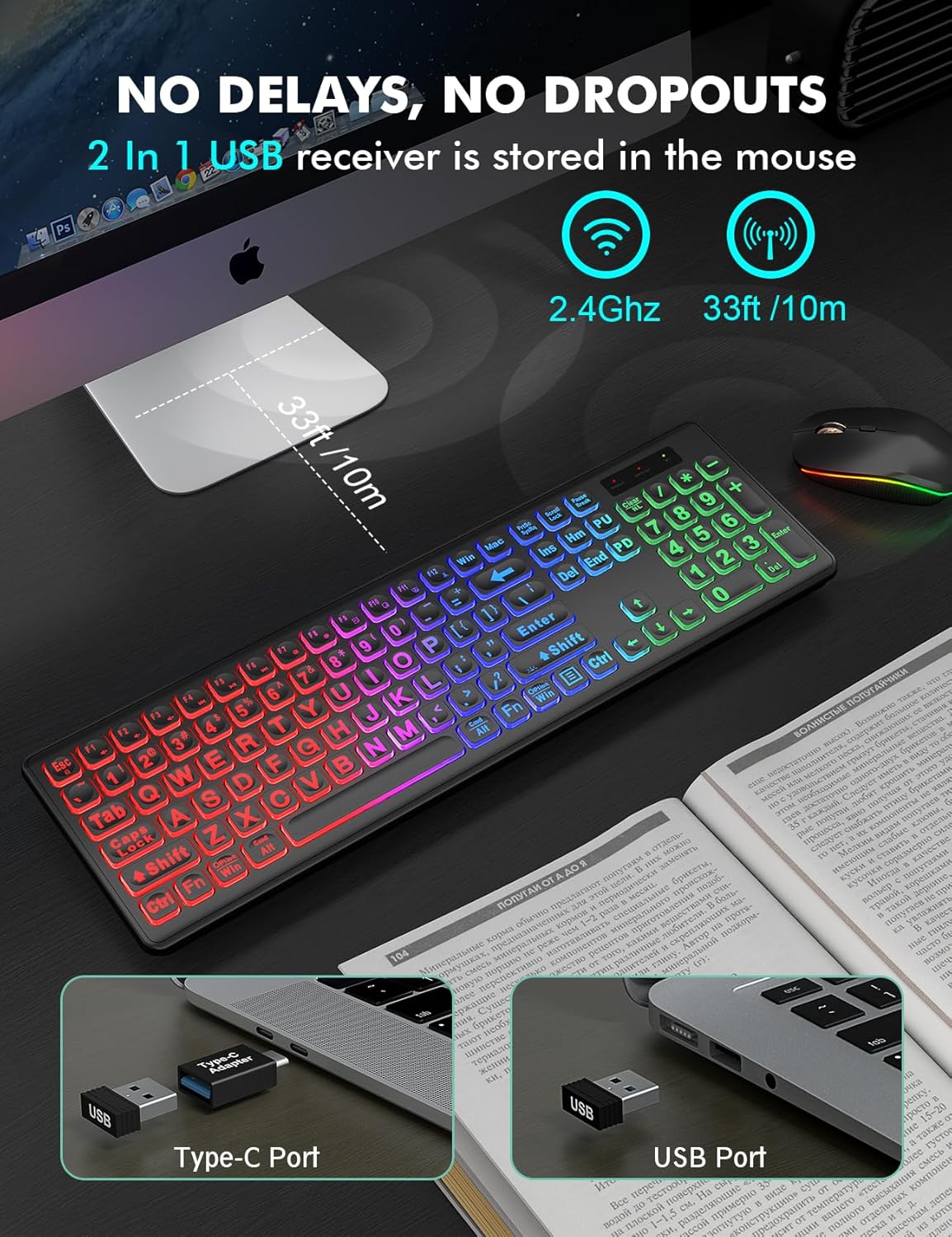 Wireless Keyboard and Mouse Combo - Large Print, RGB Backlit, Oversize Light Up Letters, Rechargeable, Ergonomic Tilt Leg, Sleep Mode, 2.4GHz Quiet Keyboard Mouse for Mac, Windows, Laptop, PC, Trueque