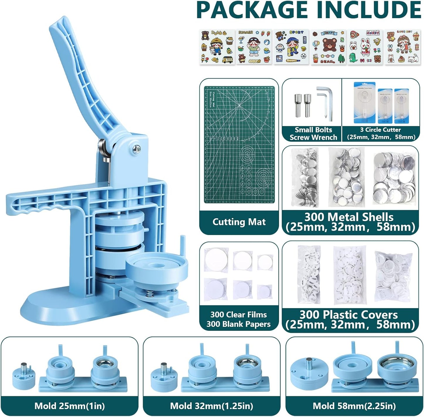 Button Maker Machine Multiple Sizes 1+1.25+2.25inch(4th Gen), DIY Button Pin Maker Machine Kit, Badge Press Machine with 300PCS 25+32+58mm Button Making Supplies& Cutting Mat&Circle Cutter