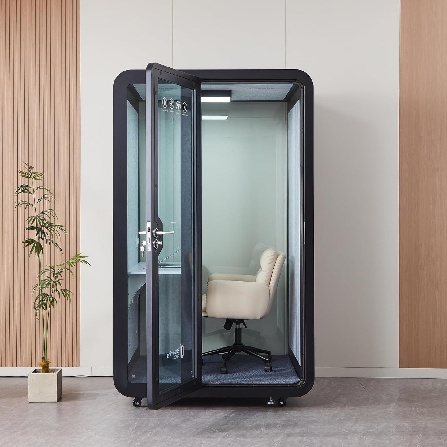 GEARONIC Solo Office Sound Booth Pod Audio Privacy, Mobile Roller with Desk, LED Light, Fans and AC USB Ports (Black Obsidian)