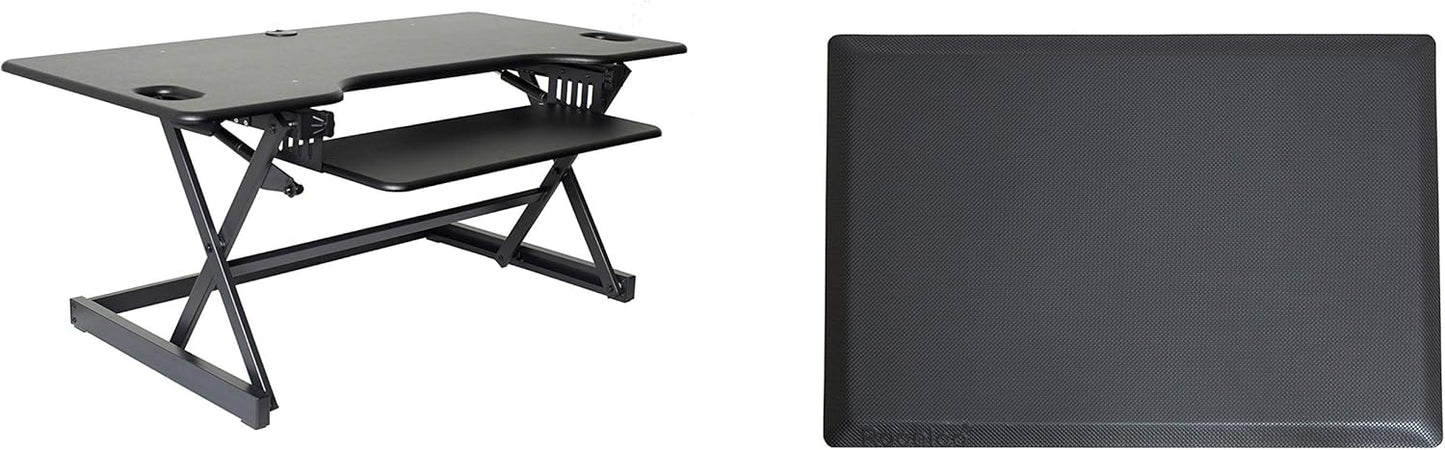 Rocelco 46" Large Height Adjustable Standing Desk Converter with Anti Fatigue Mat BUNDLE - Quick Sit Stand Up Triple Monitor Riser - Retractable Keyboard Tray - Black (R DADRB-46-MAFM)