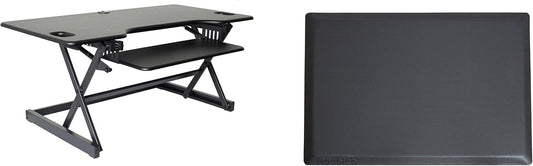 Rocelco 46" Large Height Adjustable Standing Desk Converter with Anti Fatigue Mat BUNDLE - Quick Sit Stand Up Triple Monitor Riser - Retractable Keyboard Tray - Black (R DADRB-46-MAFM)