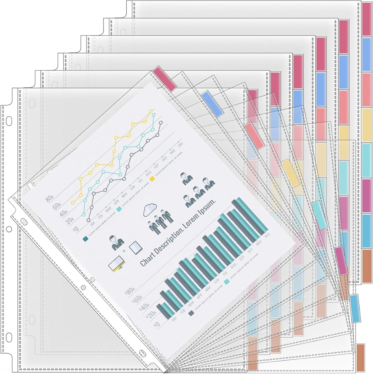 ReliThick 6 Set of 48 Pack Clear Sheet Protectors 8.5 x 11 Inch Page Protector for 3 Ring Binder with 8 Tabs Plastic Dividers for 3 Ring Binder, Insertable Index Page Divider Multicolor Tabs