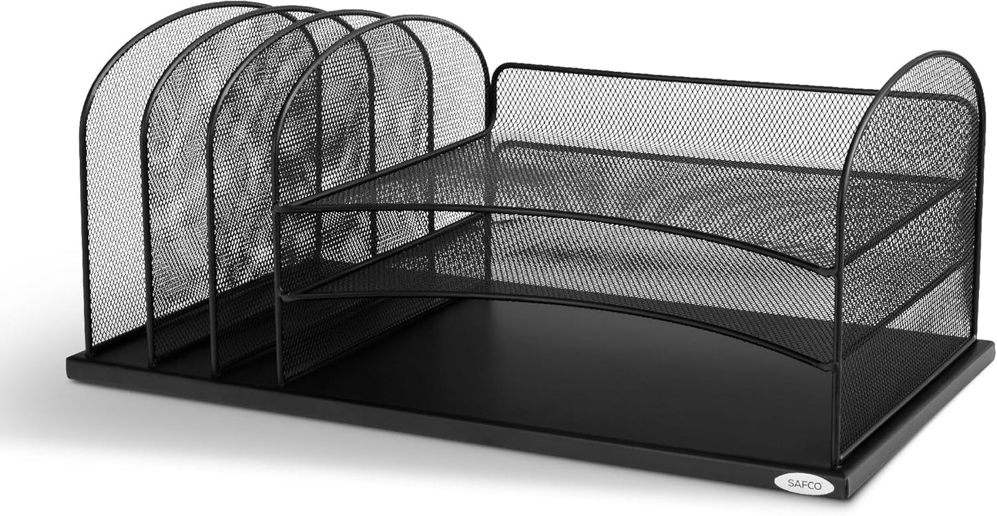 Safco Onyx Desk Organizer, 3 Vertical Compartments and 3 Trays, Office and Classroom Mailbox , Paper and Mail Sorter, Steel Mesh, Black