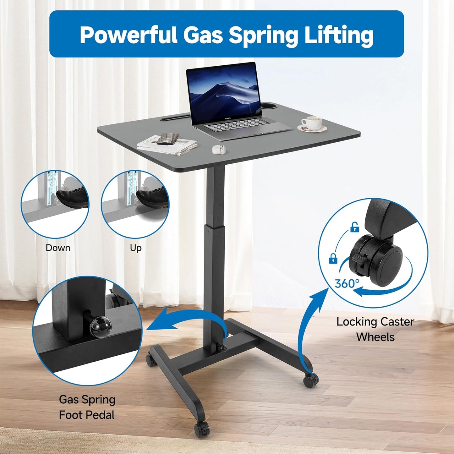 Rolling Laptop Desk Adjustable Height(29.5”- 43.7”)，Mobile Workstation Cart with 23.6" x 20.5"Desktop, Standing Desk Mobile Portable PC Table for Home,Office or Classroom in Black