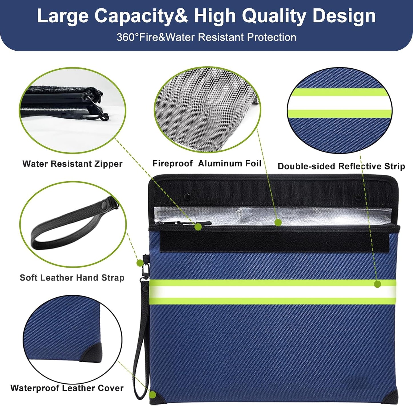 6500°F Fireproof Document Bag,Upgraded Fireproof/Waterproof Money Bag with Zipper/Reflective Strip,Storage Pouch for A4 Letter Size Document,Cash,Cell Phone,Passport