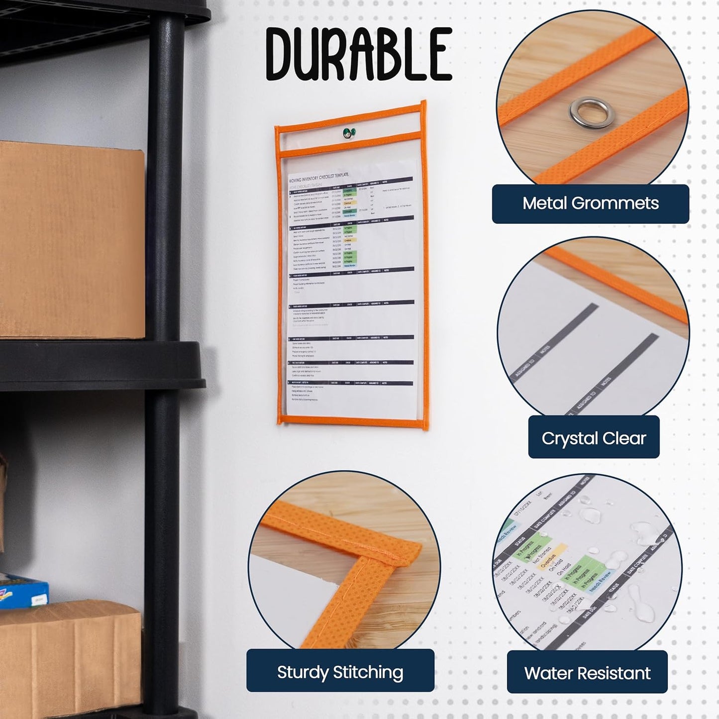 Essex Wares - 5 Pack, Orange, Job Ticket Holders, 10" Wide x 13.5" Tall - Clear Plastic Shop Ticket Holders - Easy to Use, Reusable & Easy Erase Plastic Invoice Holders, Water-Resistant & Durable