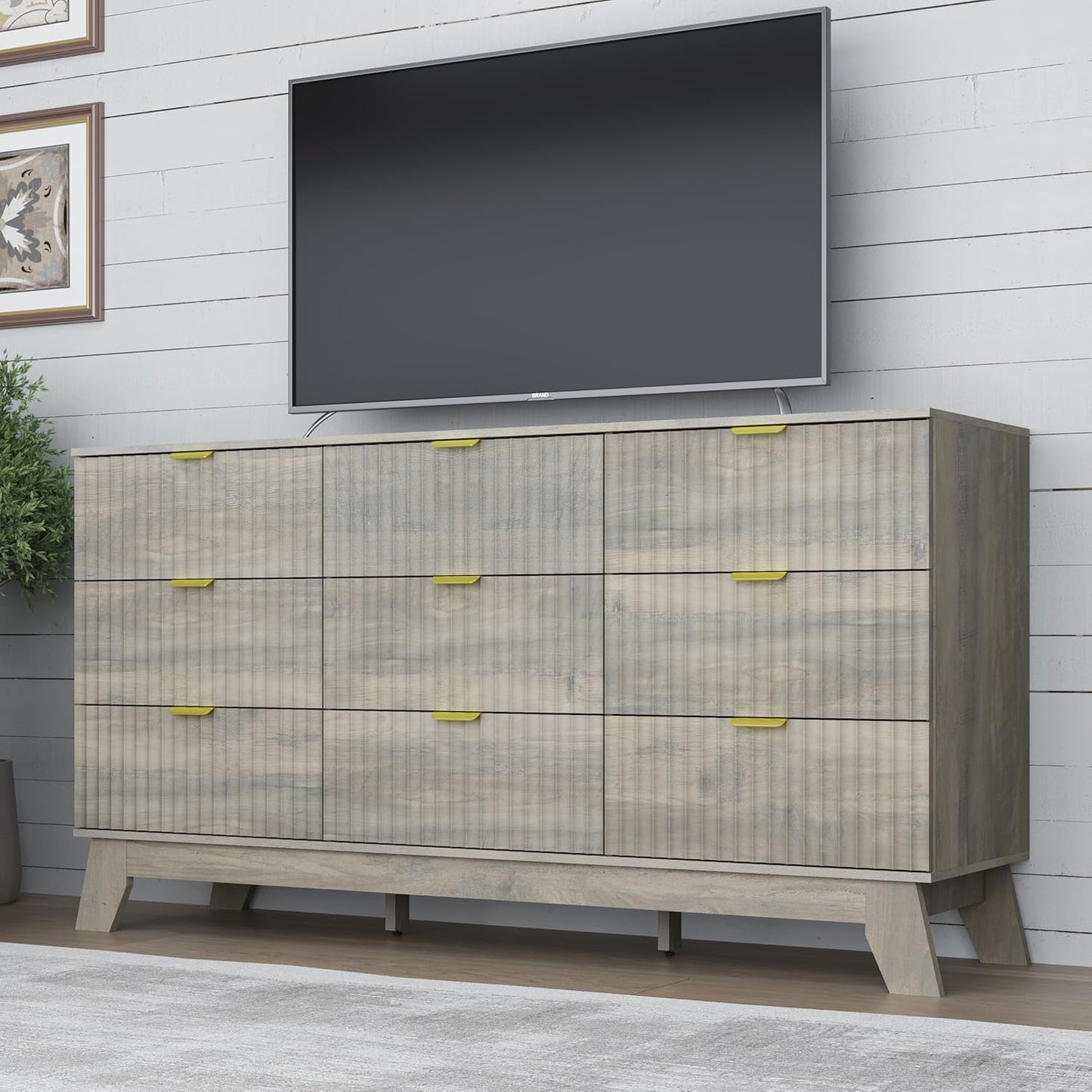 Fluted 9 Drawer Dresser, 57.1" Wide Modern Boho Chest of Drawers, Wooden Storage Dresser TV Stand for Bedroom, Living Room, Closet, Hallway, Curved Profile Design