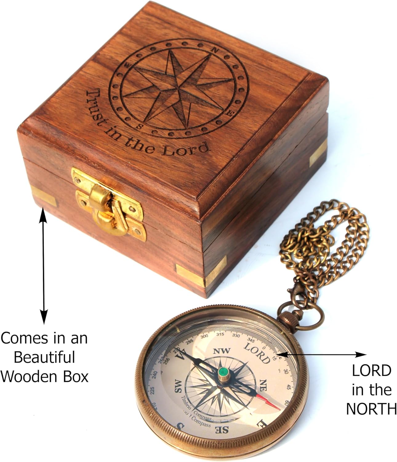 Trust in The Lord with All Your Heart -Proverbs 3: 5-6 Quote Engraved Compass with Wooden Box, Baptism Gifts for Boys, Inspirational Gifts Men, Graduation Day Gifts, First Communion Gifts