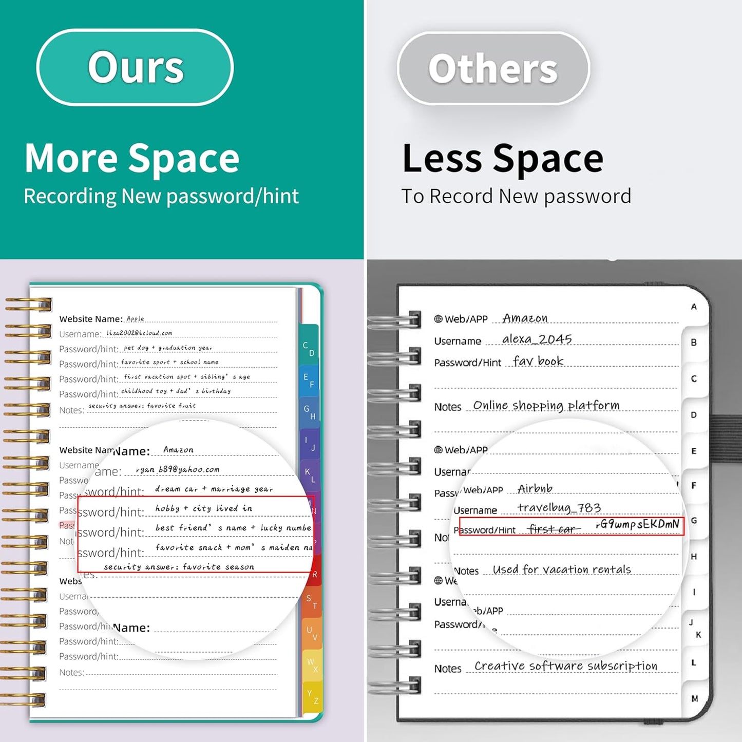 Password Book with Alphabetical Tabs, Password Keeper Book for Seniors, 5.8" X 8.2" Medium Size Password Notebook, Spiral Hardcover Password Journal Logbook for Website Logins, Green