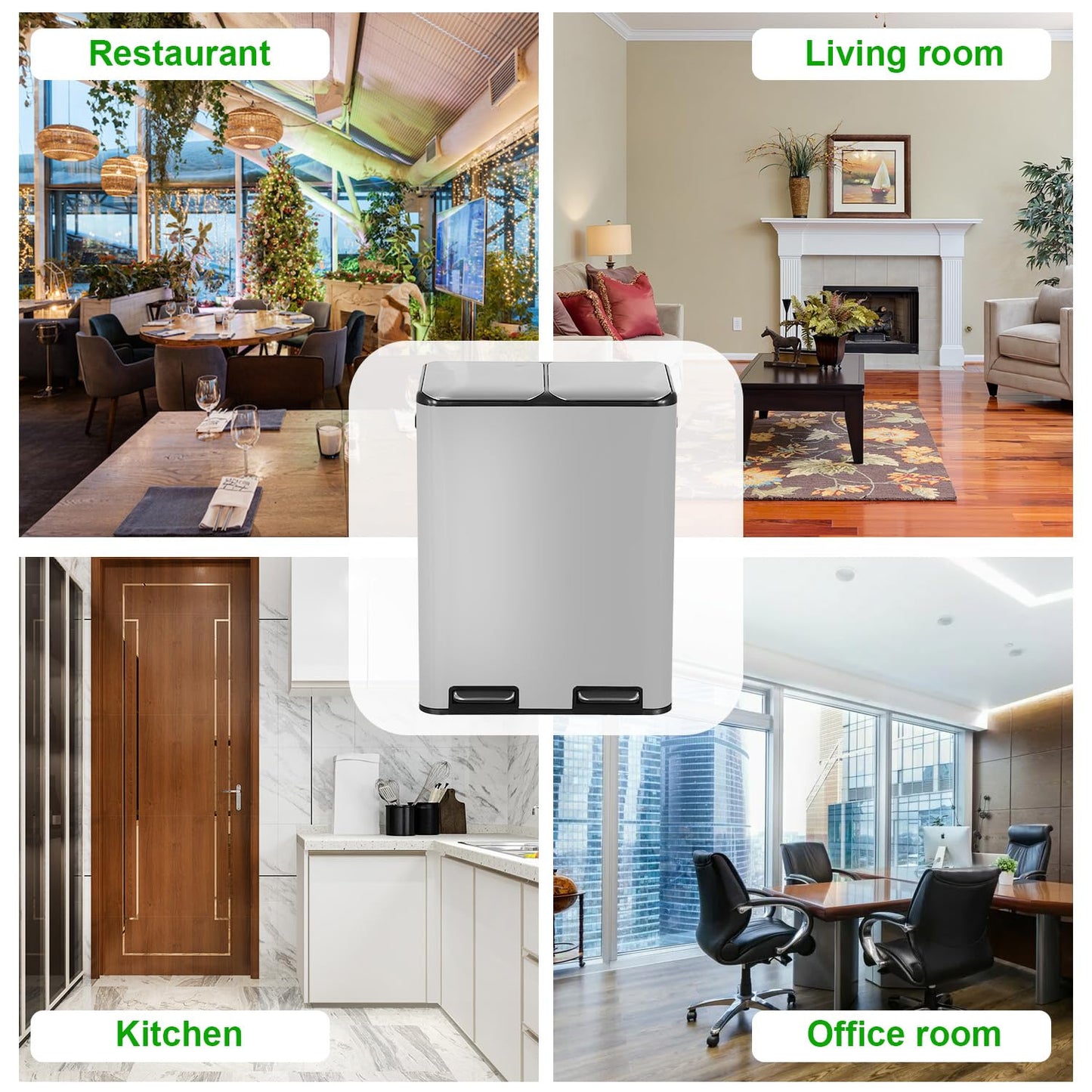 PayLessHere Trash Can, 16 Gallon (2x8G) 60 Liter Rectangular Trash Cans Stainless Steel Step Trash Can with Inner Buckets and Hinged Lids, Suitable for Kitchen Office Home Use,Silver