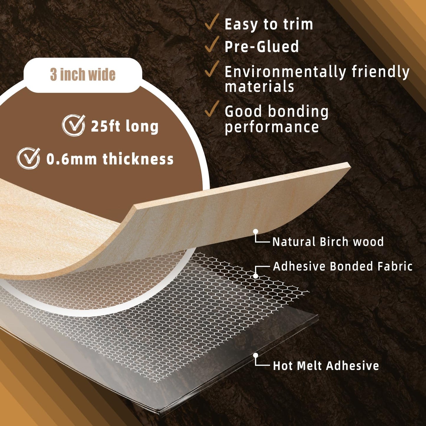 GSCIT Club Birch Edge Banding, 3 inch x 25ft roll of Veneer Edge Banding Preglued Flexible, Real Wood Tape Banding