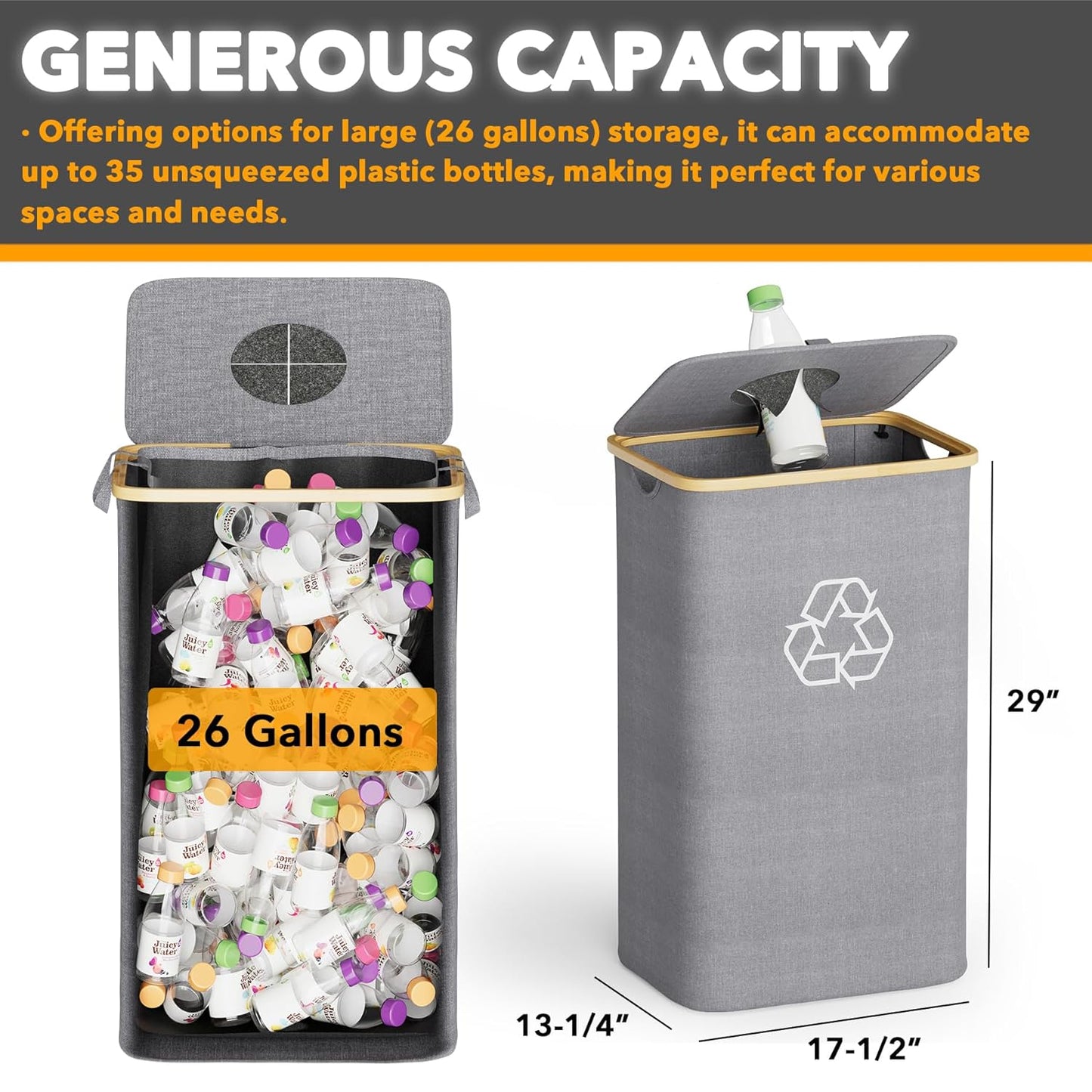 SpaceAid Recycling Bin for Kitchen 26 Gallon, 100L Recycle Bin with Lid and 2 Reusable Inner Bags, for Bottle Can Glass Plastic Stickers, Grey