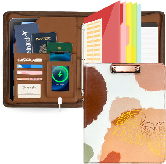 Leather Clipboard with Storage, Zippered Padfolio Portfolio Organizer, 3 Ring Binder 1 Inch, Notepad, Tablet Sleeve, 5 Dividers with Pocket, Stickets for Office, Nurses, Students, Teachers Brown