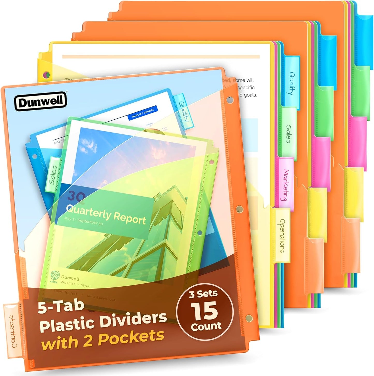Dunwell Plastic Binder Pocket with 5 Tabs (3 Set, 15 Count), 5-Tab Dividers with 2 Pockets for 3-Ring Binder, Slash Pocket Dividers 3 Hole Punched, 5 Subject Divider Folder, Includes Label Inserts