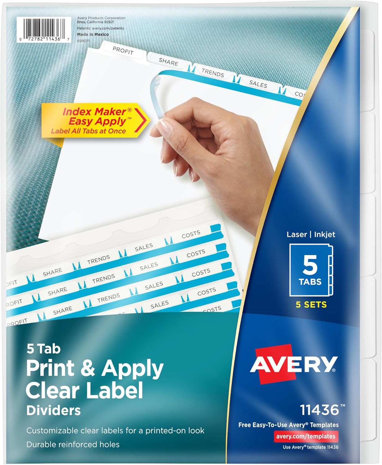 Avery 5 Tab Dividers for 3 Ring Binder, Easy Print & Apply Clear Label Strip, Index Maker Customizable White Tabs, 5 Sets (11436)