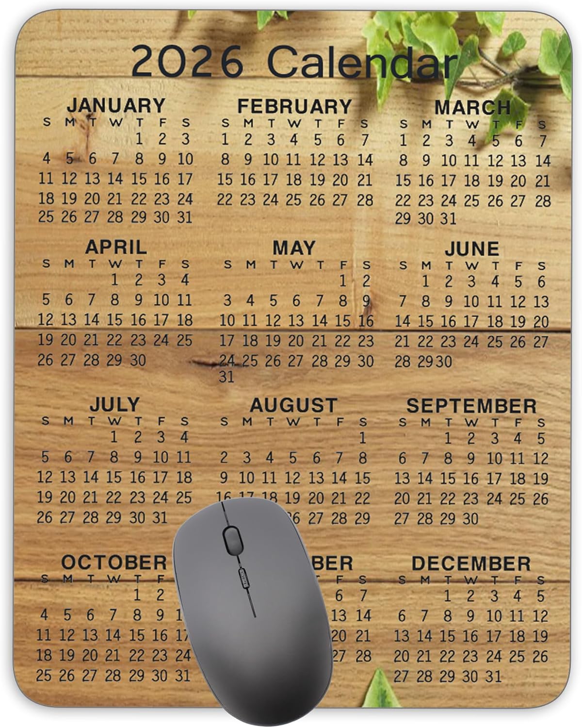 Non-Slip Rubber Mouse Pad， 2026 Calendar Wood Background Calendar Black Mouse Mat Mouse Pad Office Gaming Mousemat 9.5 inch x 7.9 inch