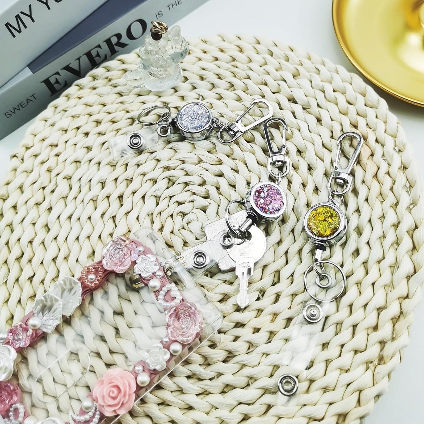 bolimoss 3 Pack Retractable ID Badge Reels with Glittery Shiny Design, Key Ring and Belt Clip,Sturdy Retractable Rope for Office Workers, Nurses, Teachers, Students (Golden, Pink, Silver)