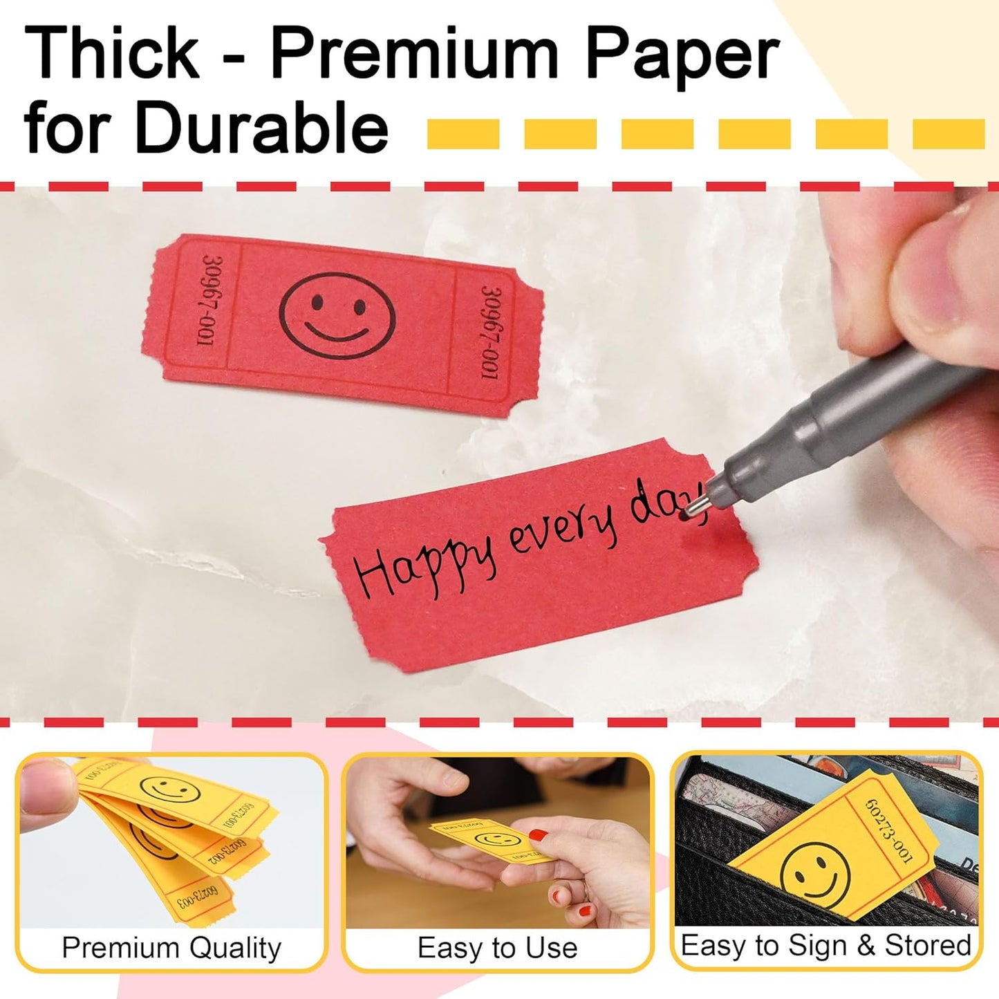 L LIKED Raffle Tickets, 1000 Count, Smile,2 Color Set of 500 1" x 2" Tickets, Single Rolls Raffle Tickets for Raffles, Carnival, Door Prizes and Class Reward-Yellow/Red