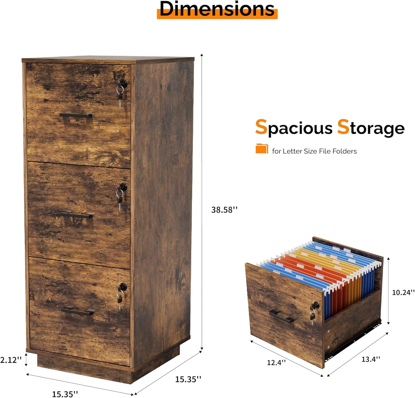 VINGLI 3 Drawer File Cabinet with Lock, Home Office Filing Organizer, for Letter Size File Folder Storage, Wood Tall Vertical Filing Cabinet, Printer Stand, Archivador (Rustic Brown)