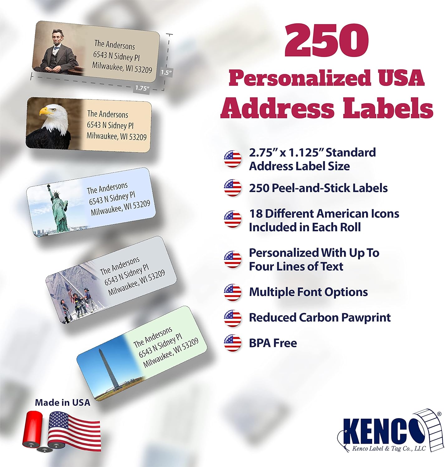 Customized Personalized Address Labels - Made in The USA by Kenco (250 Labels, All American)