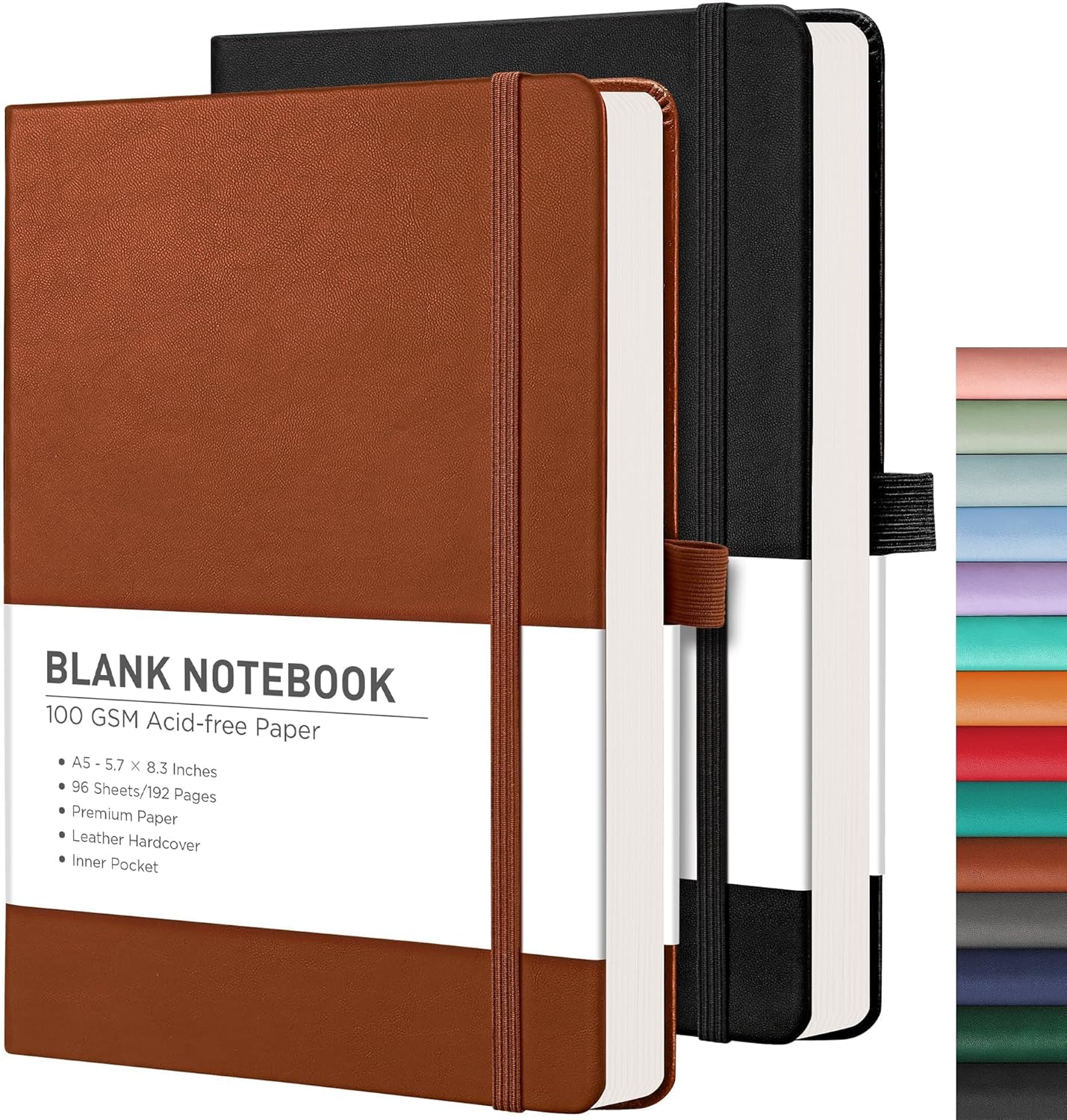 RETTACY Blank Journal Notebook, 2-Pack, 192 Pages per Pack, A5 Medium Size (5.7'' x 8.3''), Leather Hardcover, 100 GSM Thick Paper, for Sketching, Drawing, Painting (Black & Brown)