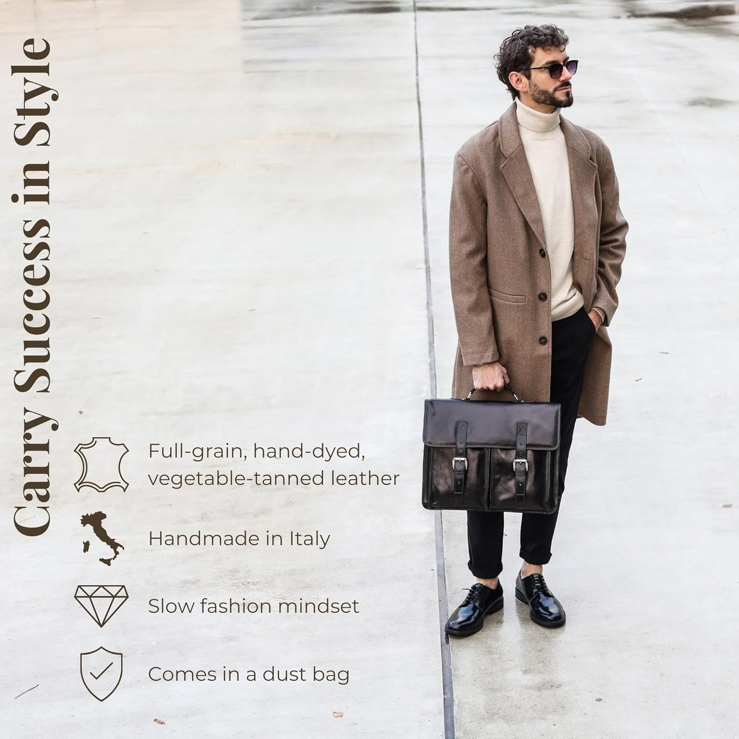 Time Resistance Leather Briefcase for Men Handcrafted in Italy Full Grain Messenger Bag for Laptop