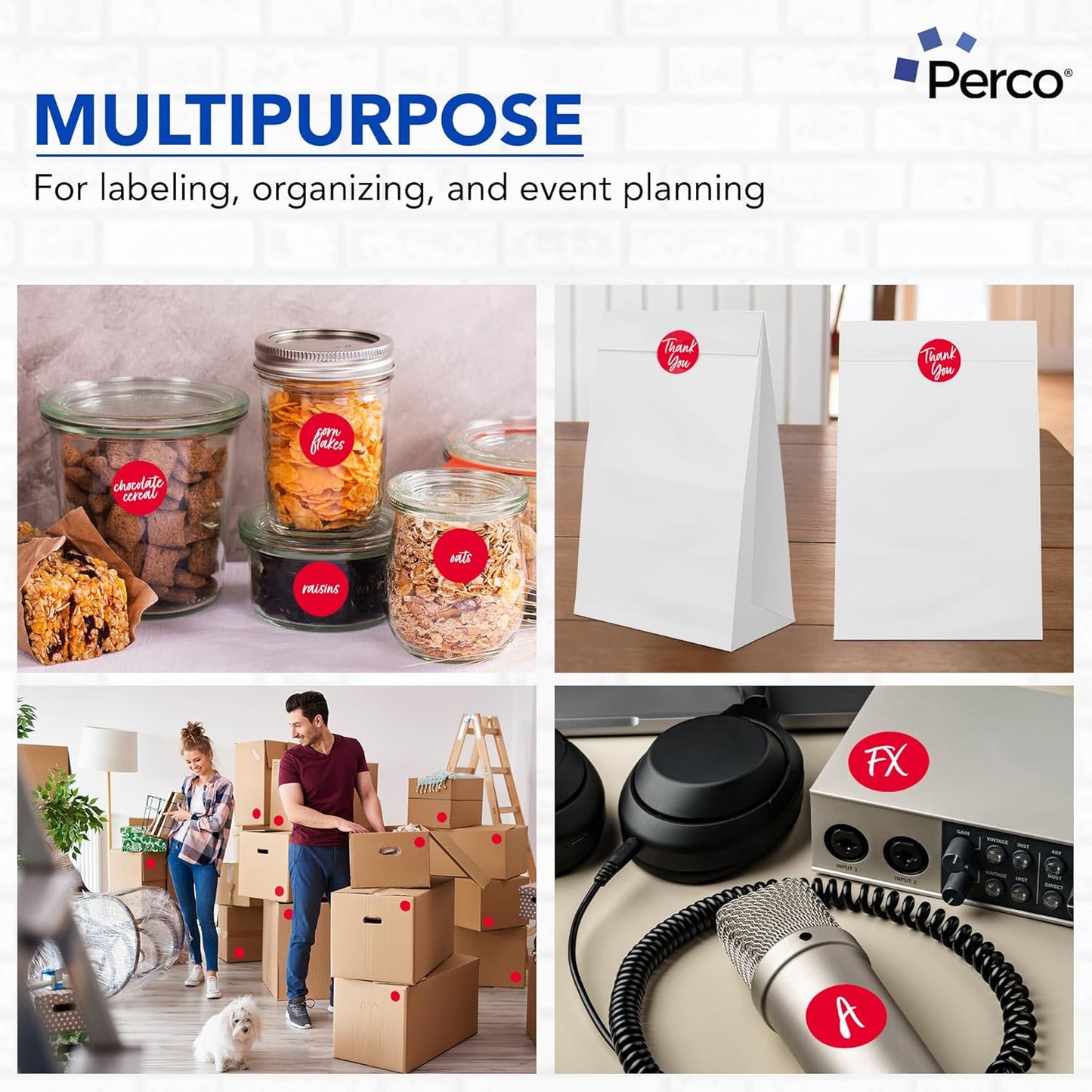 Perco Red 2-Inch Round Circle Dot Sticker Labels - Multi-Roll Pack (3 Rolls, 500 Labels Each) - Permanent Adhesive, Vibrant Colors, Strong Hold - Perforated for Easy Use - Made in USA