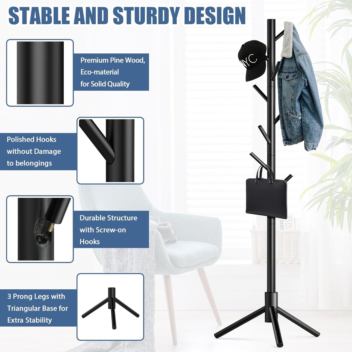 Haddockway Wooden Coat Rack Stand with 8 Hooks New Zealand Pine 3 Adjustable Coat Standing Tree Easy Assembly for Coats, Hats, Scarves and Handbags for Entryway, Hallway, Bedroom, Office