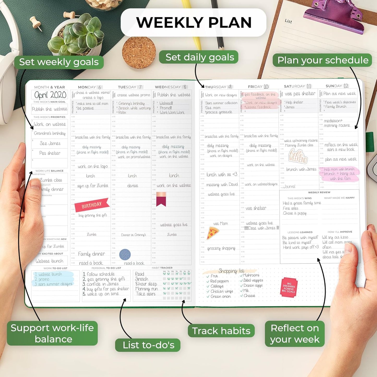 Clever Fox Planner PRO Schedule – Undated Weekly & Monthly Life Planner with Time Slots, Appointment Book & Daily Organizer, A4 (Forest Green)