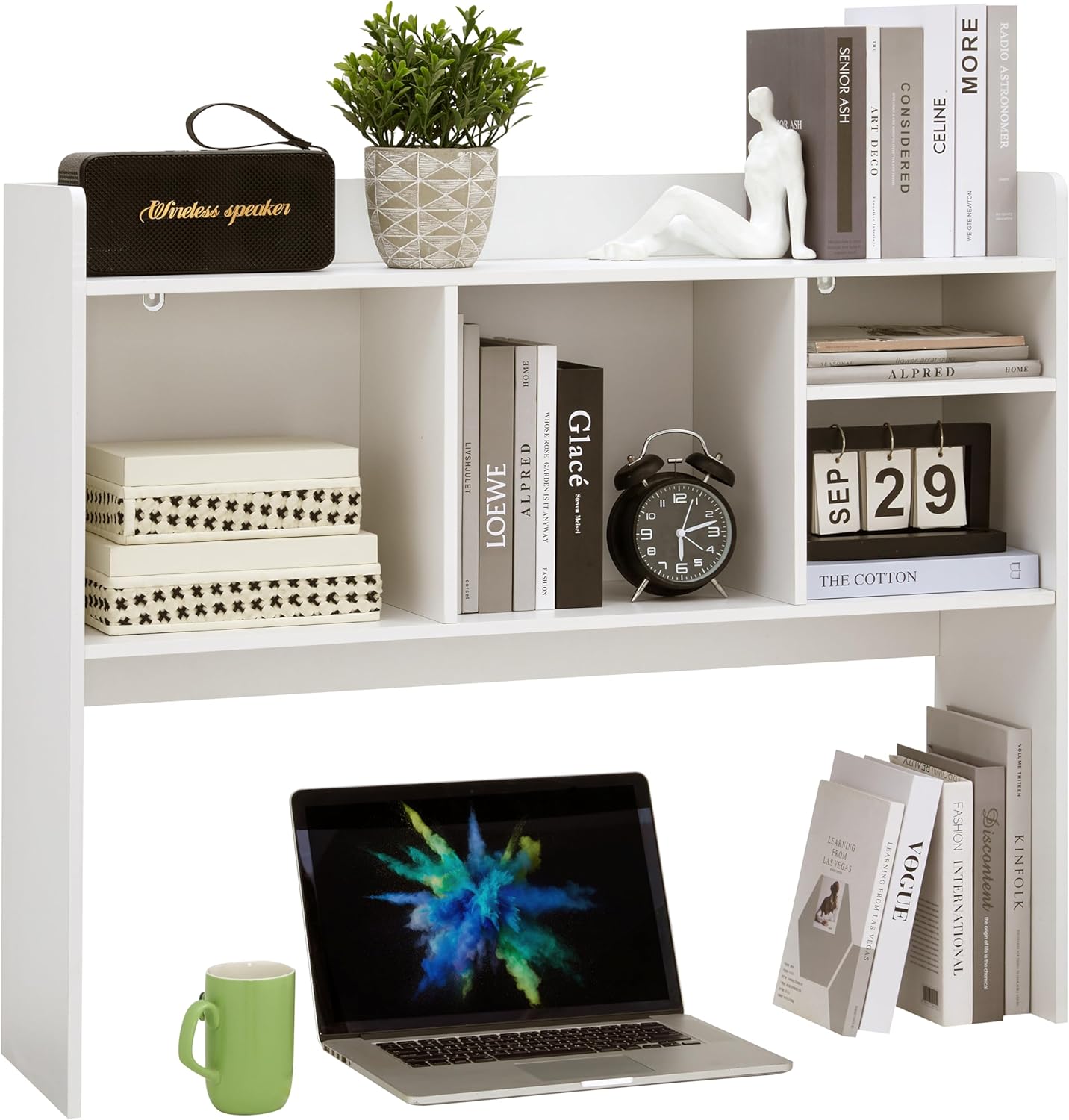 Desktop Bookshelf, Wooden Desk Storage Hutch with 6 Shelves for Computer Desk, 3-Tier Desktop Display Organizer Rack for Office Home (White)