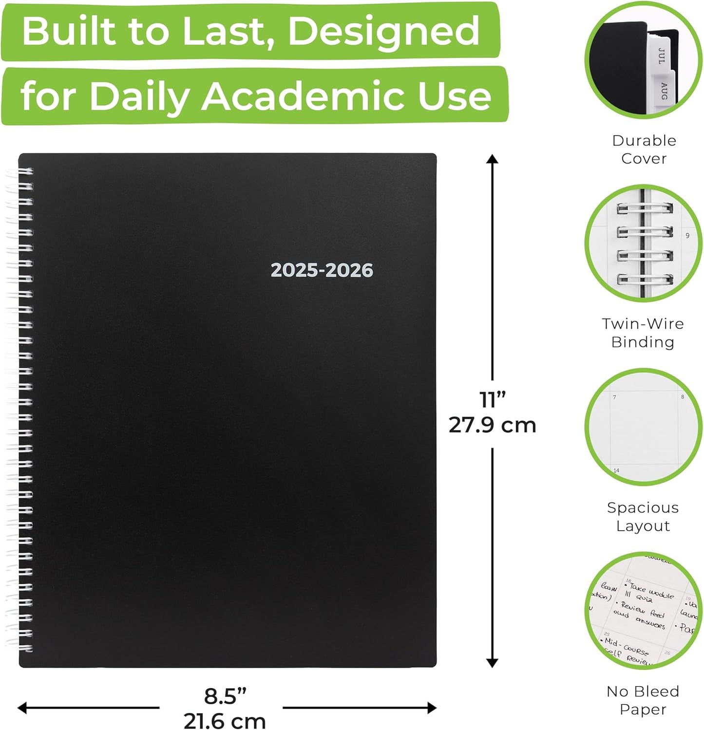 WallDeca Academic Planner 2025-2026, Daily, Weekly & Monthly Planner, July 2025 - June 2026, Student Notes Pages, Twin-Wire Binding Day and Weekly Agenda for School & Work (8.5 x 11-Inches, Black)
