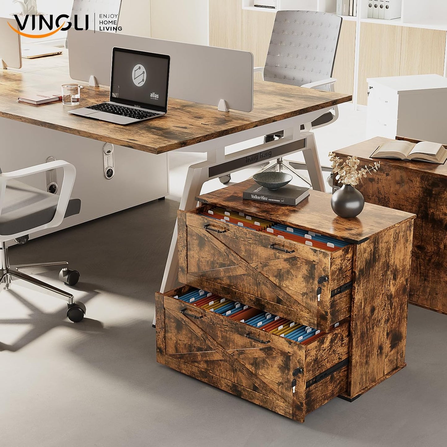 VINGLI 2 Drawer File Cabinet with Lock, Home Office Filing Organizer, for Letter Legal A4 Size File Folder Storage, Modern Farmhouse, Wood Lateral Filing Cabinet, Archivador (Rustic Brown)