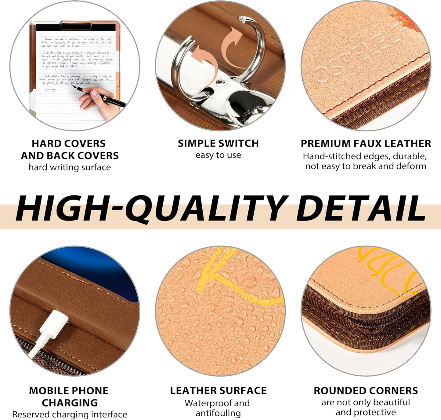 Leather Clipboard with Storage, Zippered Padfolio Portfolio Organizer, 3 Ring Binder 1 Inch, Notepad, Tablet Sleeve, 5 Dividers with Pocket, Stickets for Office, Nurses, Students, Teachers Brown