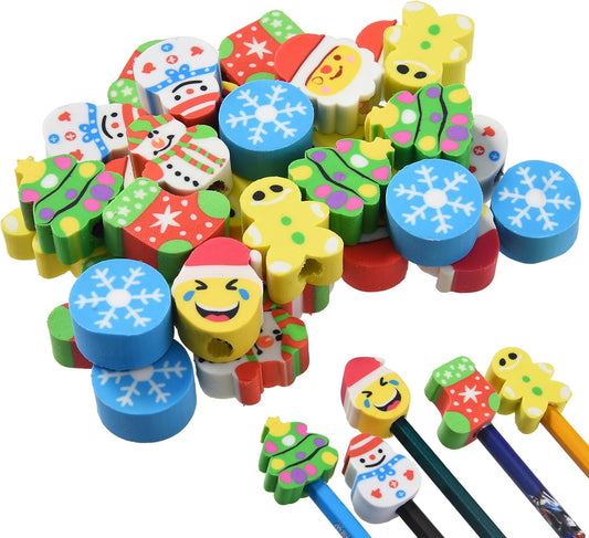 42 Pieces Christmas Pencil Top Erasers for Kids, Christmas Pencil Erasers Toppers Bulk, Cute Mini Cap Erasers for Holiday Party Favors Classroom Rewards Goodie Bags Stuffers Stocking Stuffers