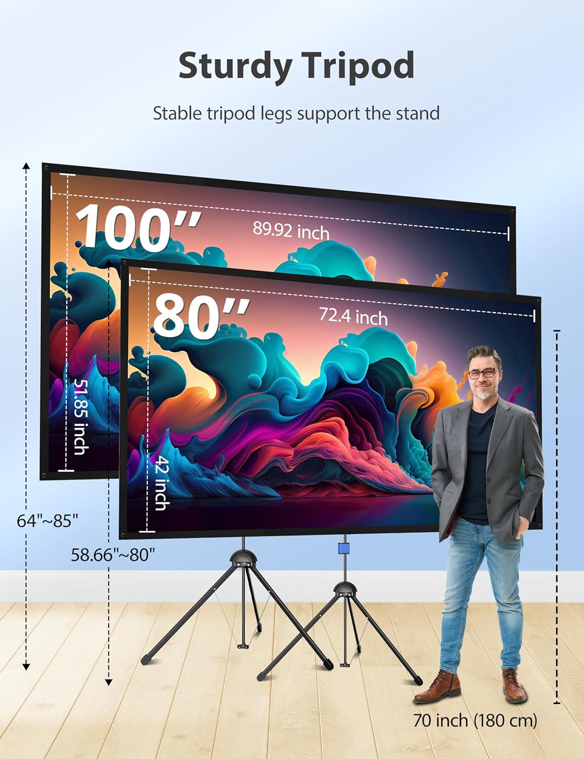 Projector Screen with Stand, PARIS RHÔNE 80-inch Outdoor Indoor Projector Screen 16:9 4K HD PVC, 1.5 Gain Portable Wrinkle-Free Movie Screen for Home Backyard Theater with Carry Bag, Ground Nails