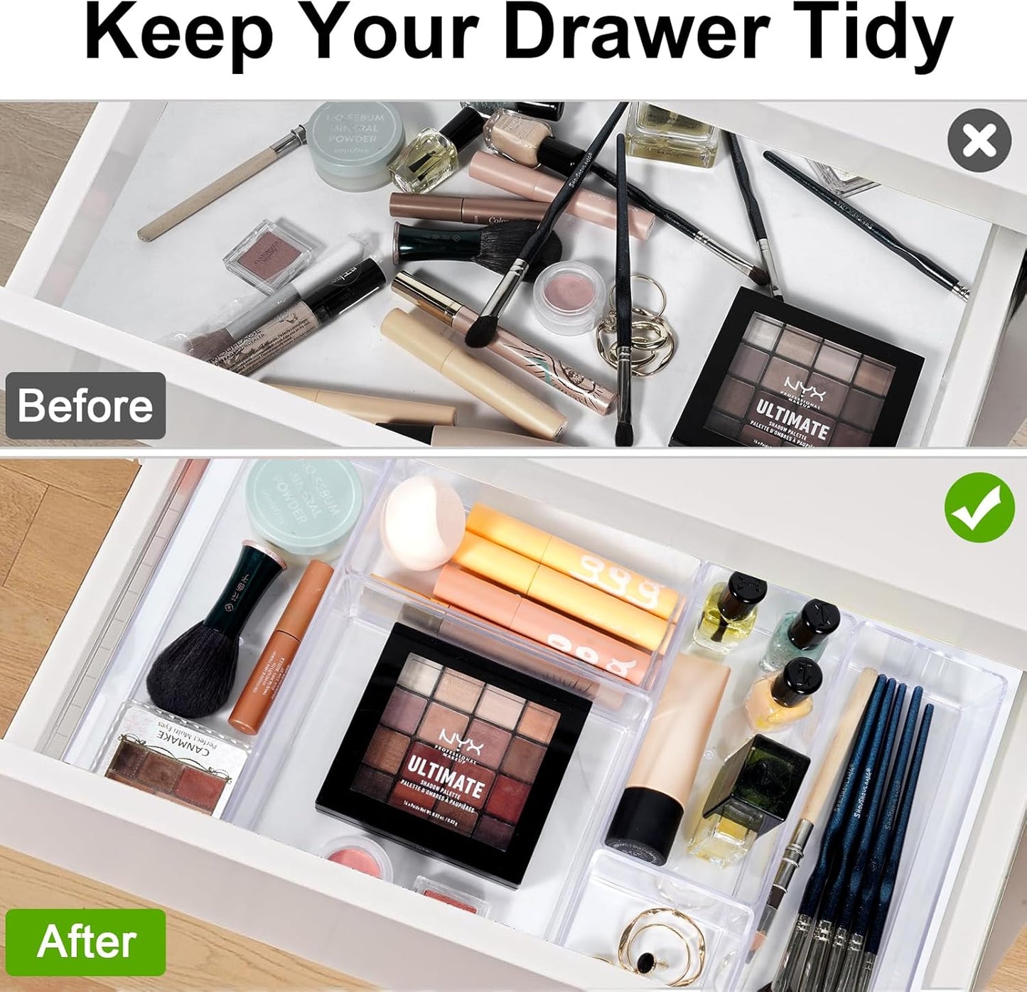 Stackable Acrylic Drawer Organizer Set, 18 PCS Multi-Size Storage Bins for Makeup, Office Desk, Bathroom, Vanity and Kitchen Utensils