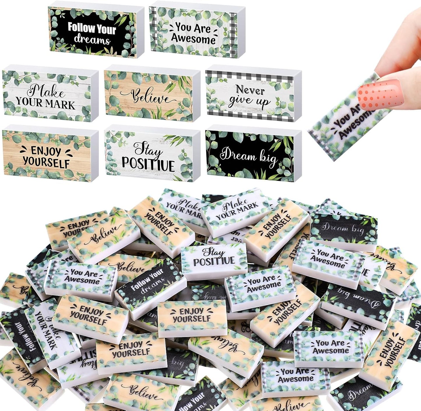 100 Pcs Inspirational Pencil Erasers Bulk for Kids Fun Motivational Eraser School Supplies Back to School Office Supplies for Classroom Office Teacher Artists (Eucalyptus Leaf)