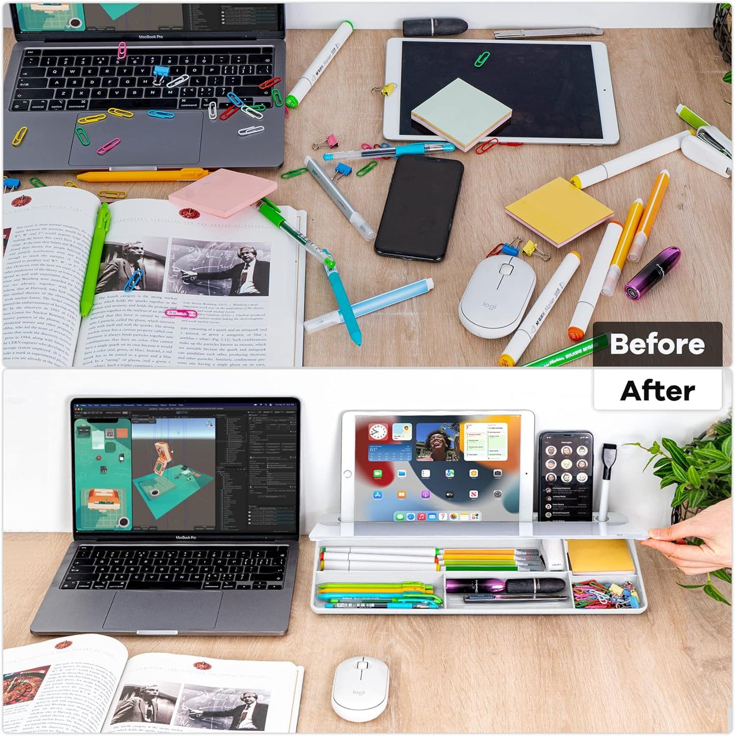 Varhomax Glass Desk Whiteboard with Storage, Desktop Organizer to-do List Memo Notepad Dry Erase White Board for Home Office and School Supplies (White)